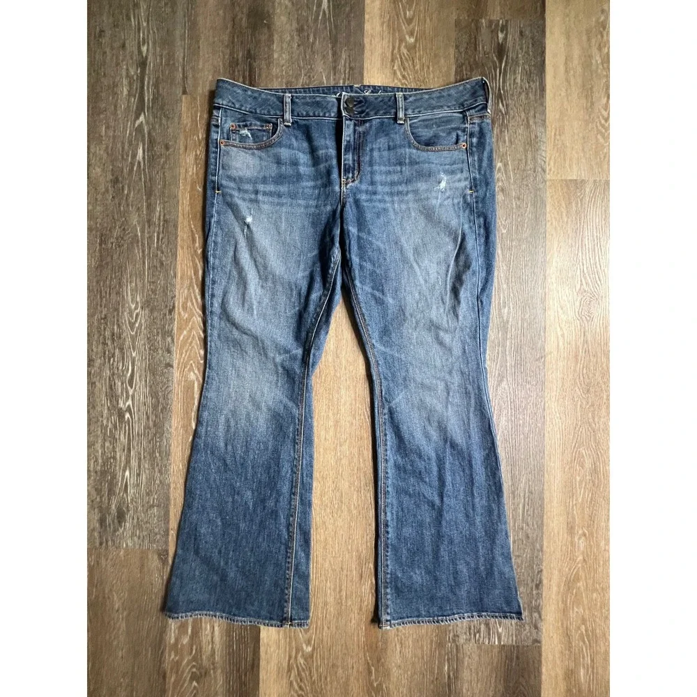 American Eagle Artist Jeans Womens 18 Blue Stretch Flare Leg Mid Rise Distressed